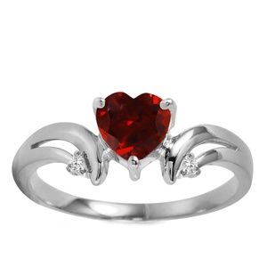 14K. SOLID GOLD RING WITH DIAMONDS & GARNET (White Gold)